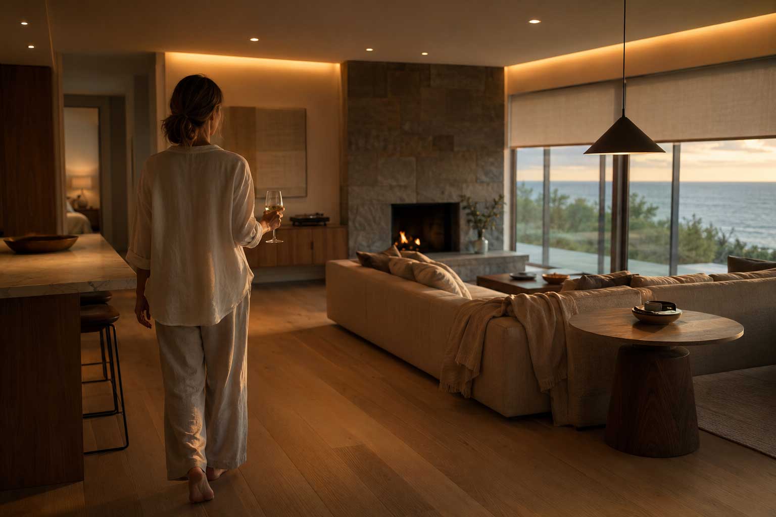 A calm, lived-in luxury home interior — lighting, shading, and music set automatically by a Wadden Electric Control4 smart home in Halifax