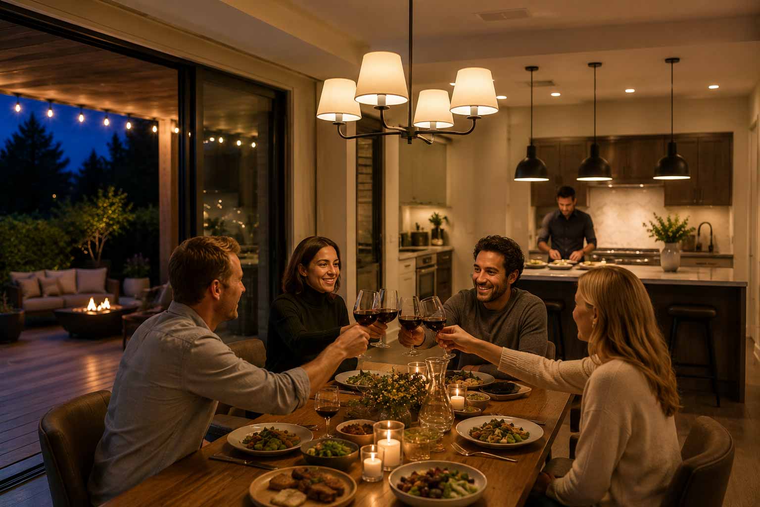 Friends gathered around a dining table with the chandelier dimmed, the island brightened, and deck speakers playing — Wadden Electric Control4 entertaining scene in a Halifax smart home