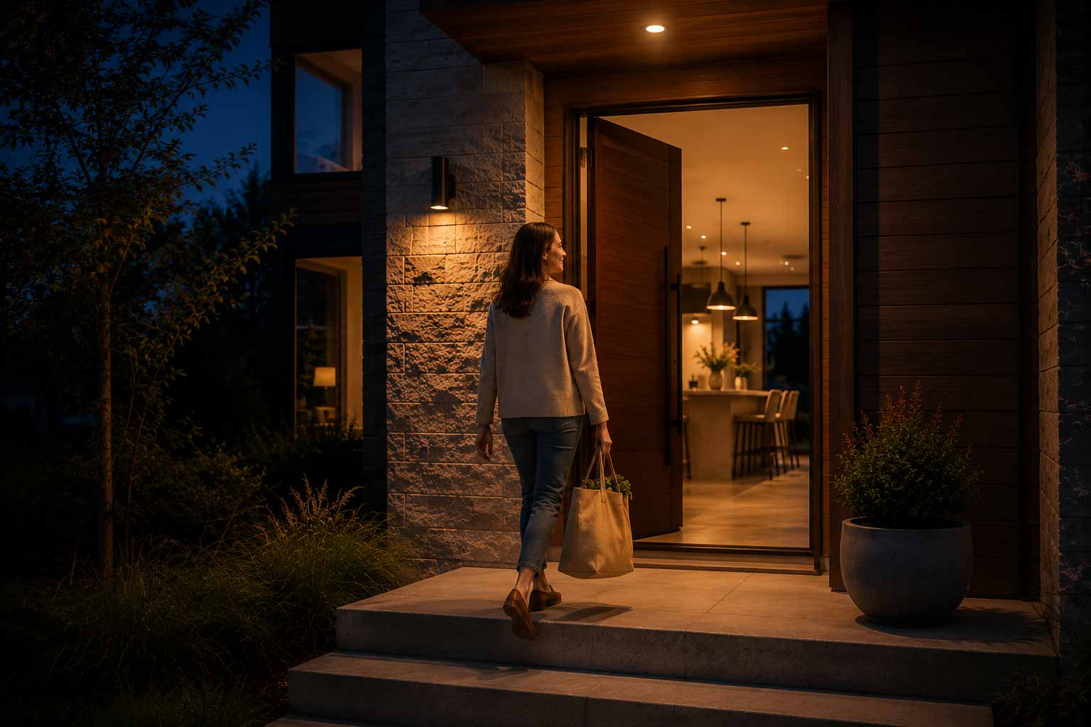 Homeowner arriving home as the entry warms, the foyer dims to welcome, and the kitchen lights come up — Wadden Electric Control4 welcome scene in a Halifax smart home