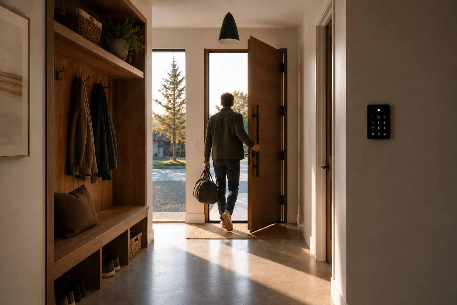Homeowner leaving with one tap on a smart keypad as lights turn off, doors lock, and the alarm arms — Wadden Electric Control4 away scene in a Halifax smart home