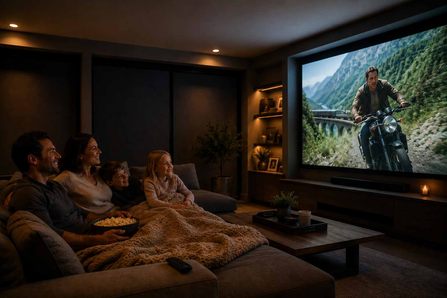 Family settling into a media room as the shades close and the lights fall for movie night — Wadden Electric Control4 cinema scene in a Halifax smart home