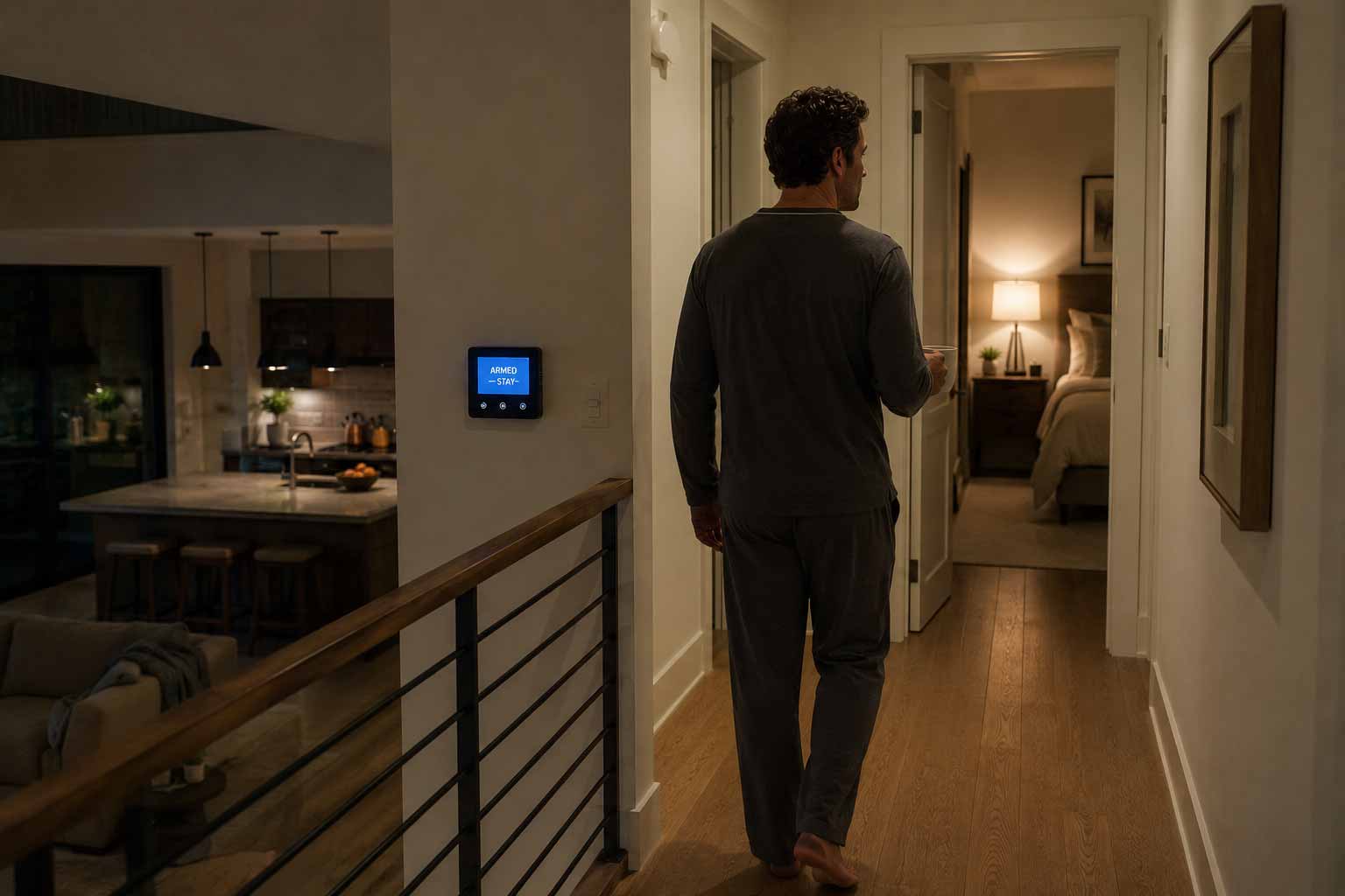 Homeowner heading to bed as the house quietly locks down, lights go off, and the perimeter arms — Wadden Electric Control4 goodnight scene in a Halifax smart home