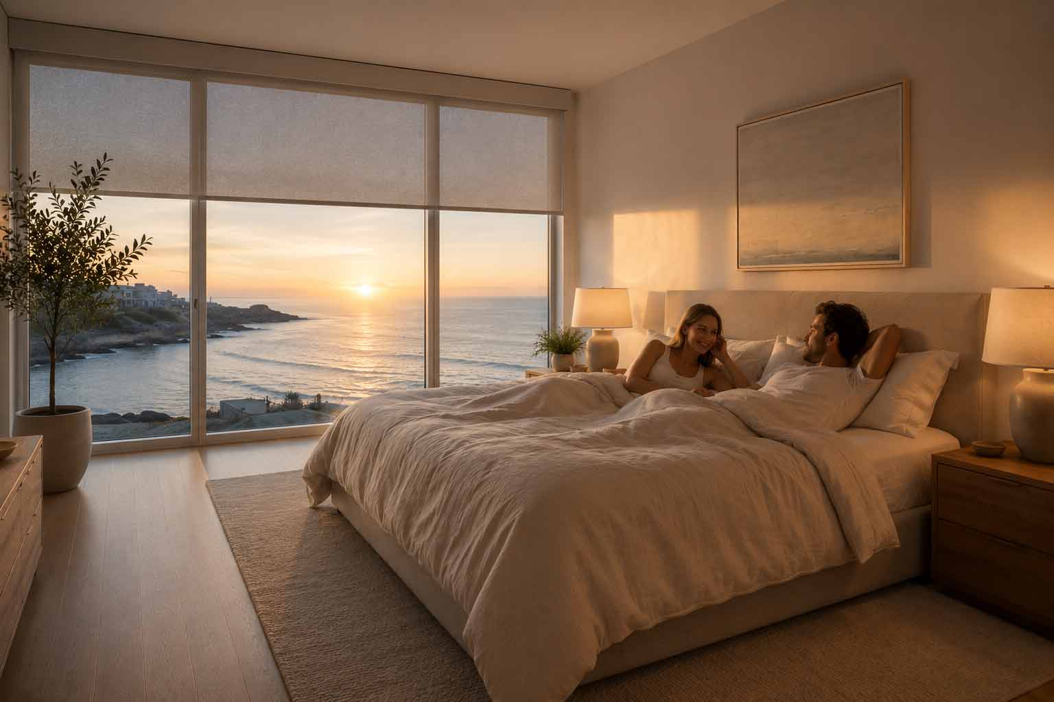 Homeowner waking gently as motorized shades raise to morning sunlight and the bath warms with soft light — Wadden Electric Control4 wake scene in a Halifax smart home